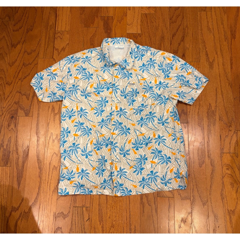 Columbia PFG Mens Large Short Sleeve Tropical Palm Tree Fish Fishing Shirt Blue